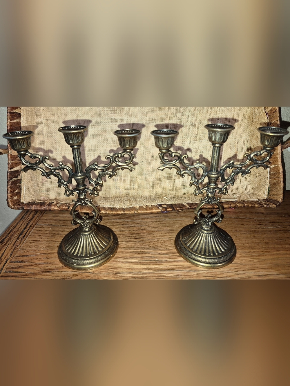 Antique Interpur Italian Brass 3-Arm Candelabra Pair - Gold Tone